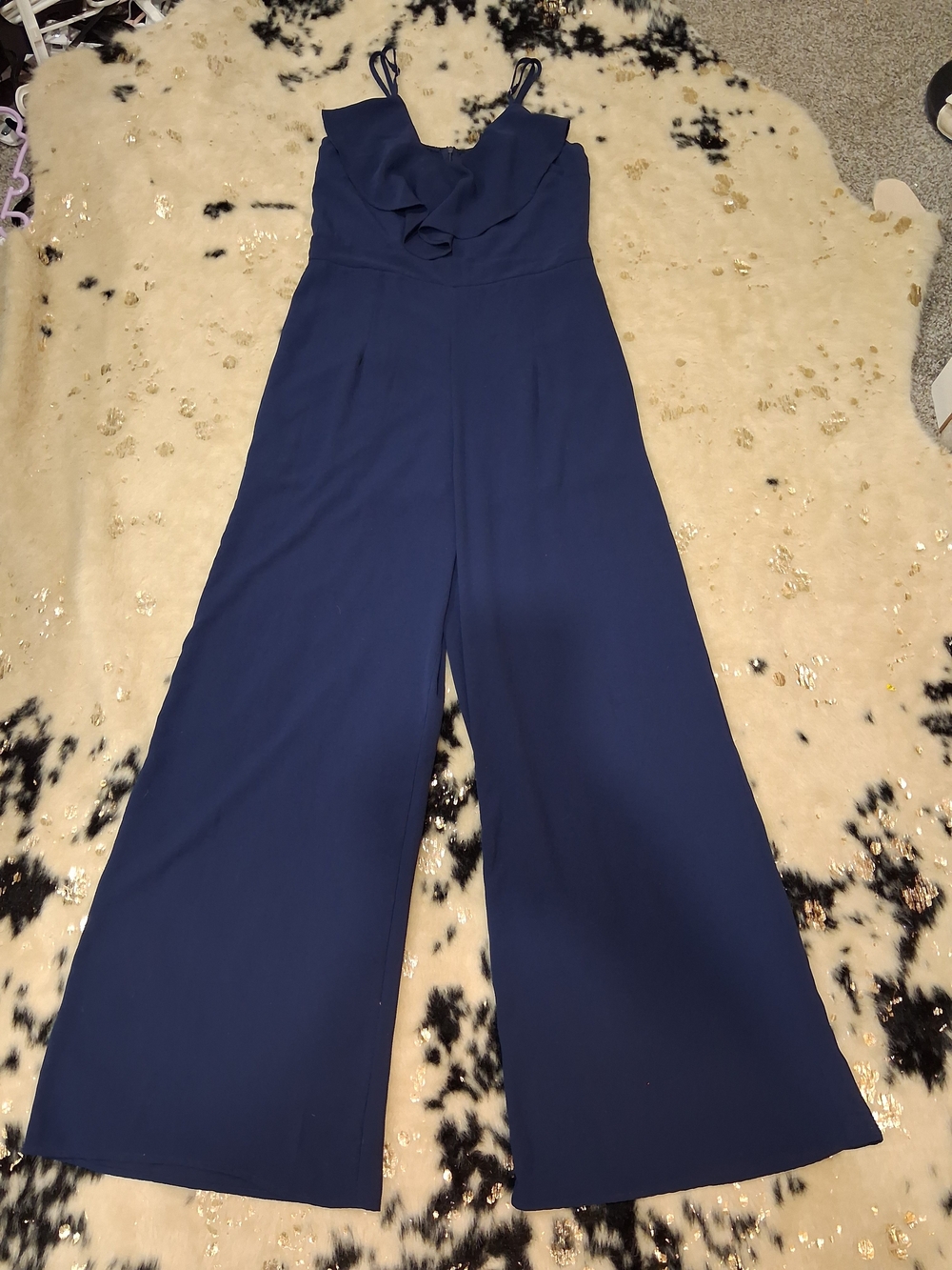 Shinestar Navy Ruffle-Front Wide Leg Jumpsuit